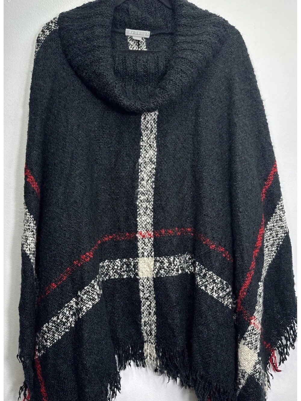 By Design Knit Cape Poncho Black Red Ivory Womens L/XL Cozy Luxe